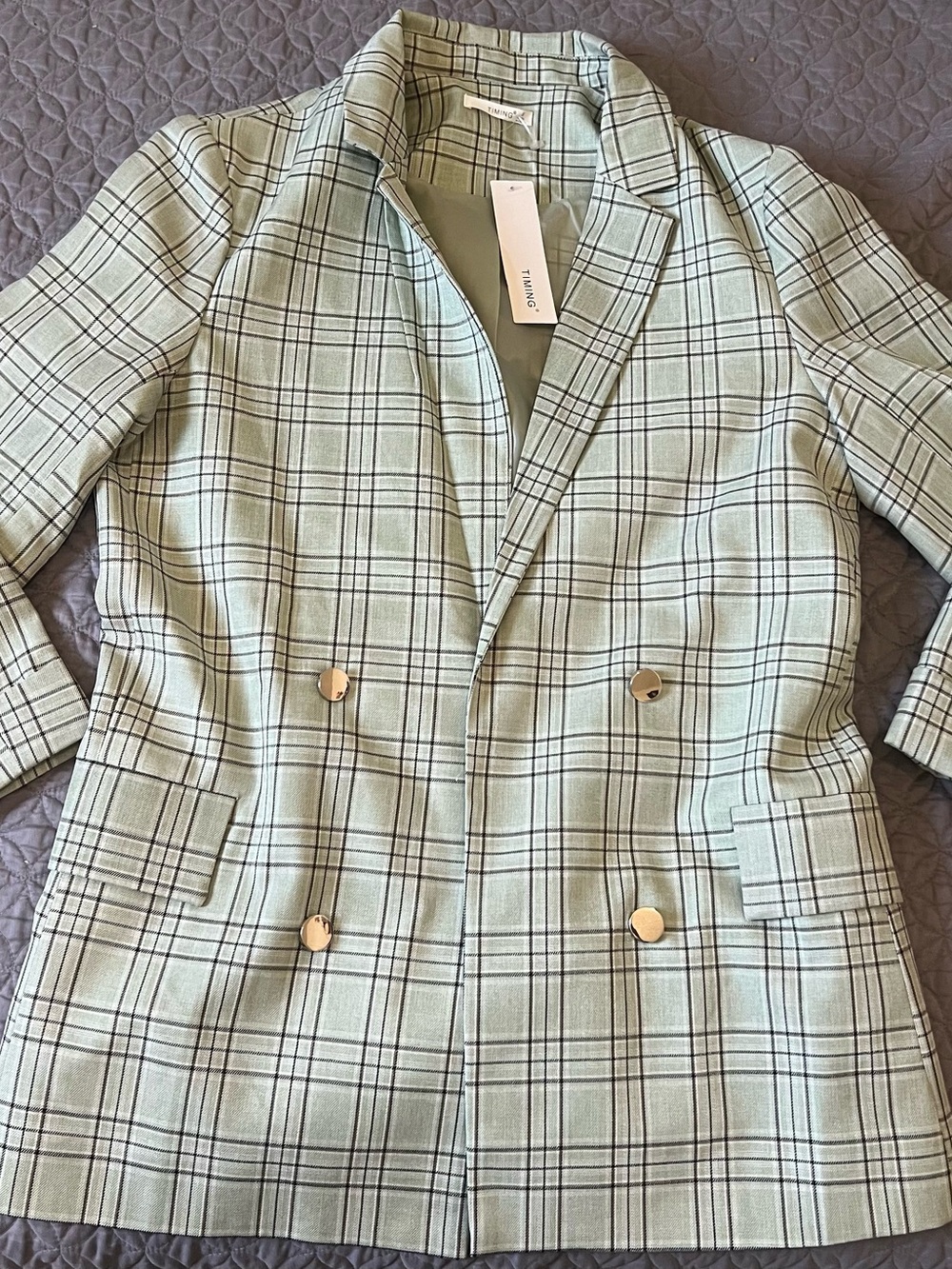 Timing Mint Plaid Double-Breasted Blazer with Gold Buttons